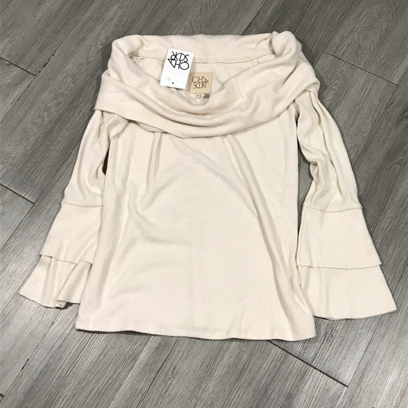 CHASER NWT Cream LOVE OFF SHOULDER PEPLUM SLEEVE TOP size M - Picture 9 of 12